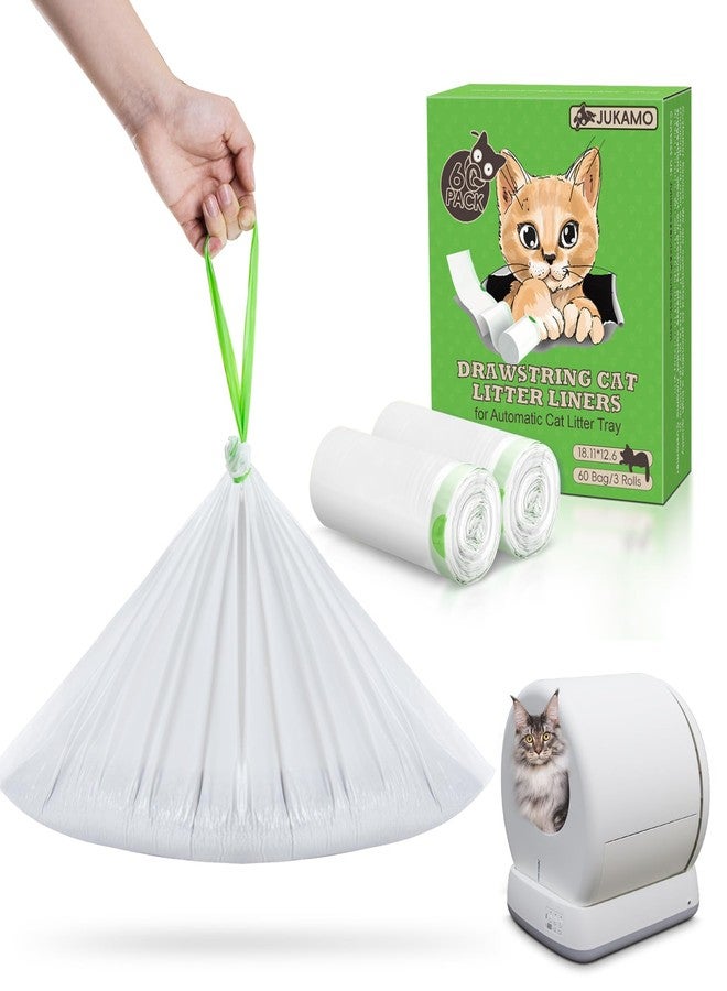JUKAMO 60 Pack Cat Litter Box Liners for Meo Want SC01, MW-SC02, MW-LR01,1.5 Mil Thick Drawstring Heavy Duty Leak-proof Disposable Smart Self-Cleaning Litter Box Robot Waste Drawer Trash Bags 18" x 12.6" - Image 1