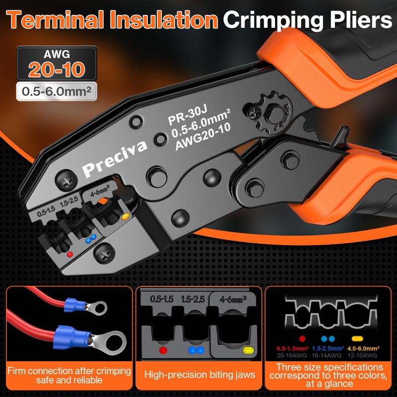 Preciva Crimping Tool for Insulated Terminals Wire Connectors, AWG20-10 Ratchet Crimper with 425 Pcs Insulated Terminals Connectors - Image 4
