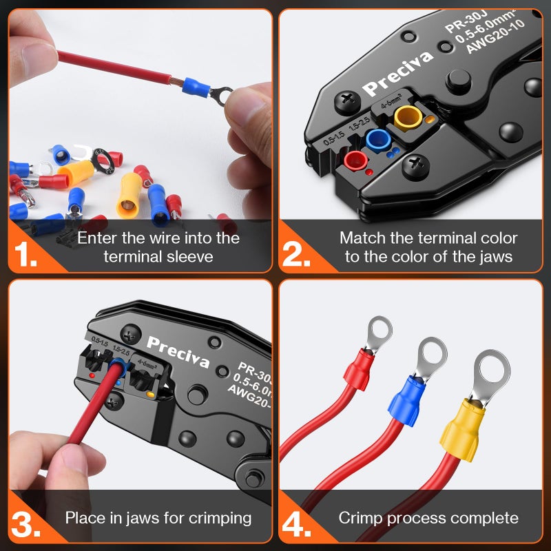 Preciva Crimping Tool for Insulated Terminals Wire Connectors, AWG20-10 Ratchet Crimper with 425 Pcs Insulated Terminals Connectors - Image 5