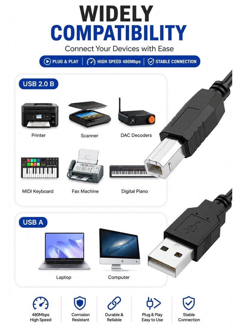 كيبل طابعة USB إلى USB-B بطول 10 متر - كابل نقل بيانات عالي السرعة للطابعات والماسحات الضوئية - Image 2