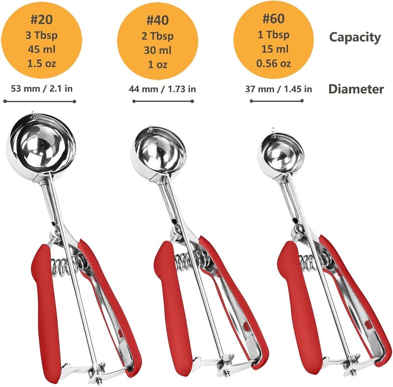 LLESCA Cookie Scoop Set, 3Pcs Ice Cream Scoop, Cookie Scoops for Baking Set of 3, 18/8 Stainless Steel Cookie Scooper for Baking, Ice Cream Scooper with Trigger Release, Red Soft Grip Cookie Dough Scoop - Image 2