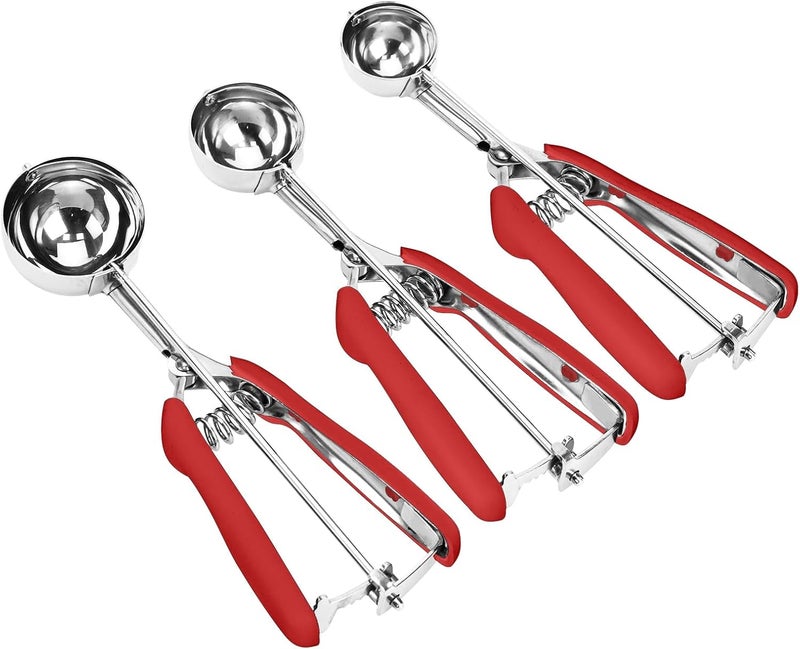 LLESCA Cookie Scoop Set, 3Pcs Ice Cream Scoop, Cookie Scoops for Baking Set of 3, 18/8 Stainless Steel Cookie Scooper for Baking, Ice Cream Scooper with Trigger Release, Red Soft Grip Cookie Dough Scoop - Image 1