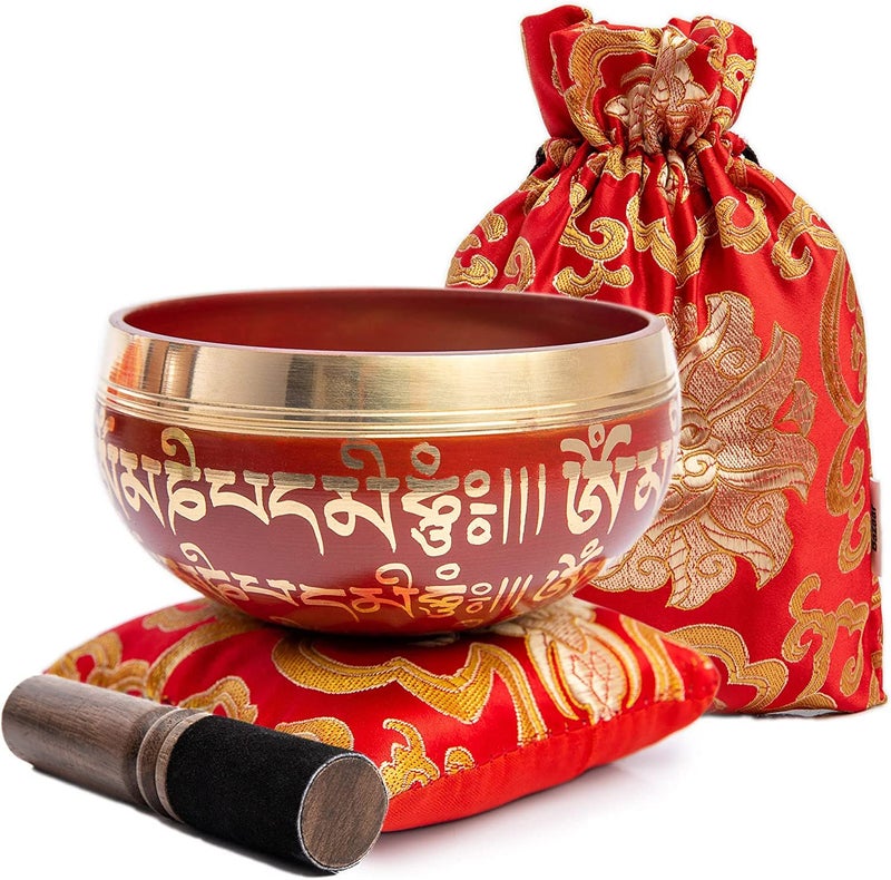 HIMALAYAN BAZAAR Tibetan Singing Bowl Set - Easy To Play for Beginners - Authentic Handcrafted Mindfulness Meditation Holistic Sound 7 Chakra Healing Gift by Himalayan Bazaar (Crimson) - Image 1