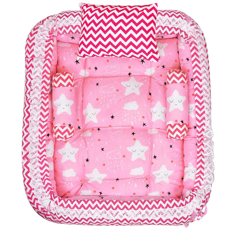LOREM Pink 3 Pillows Square Shape Cotton Baby Bed for 01 Year BB06 - Image 1