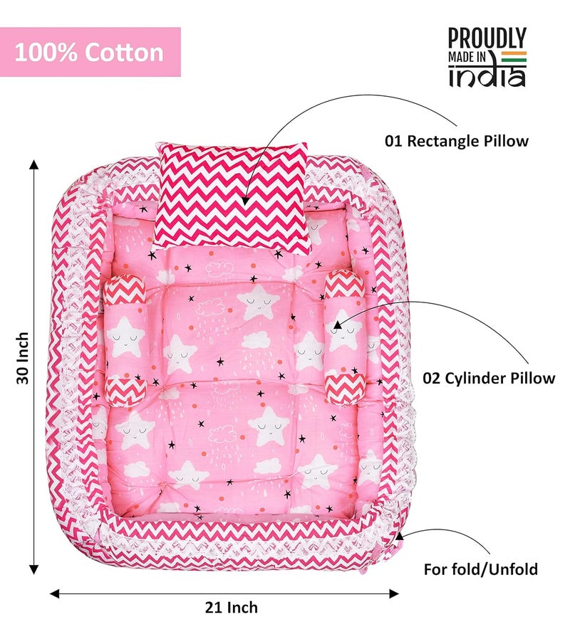 LOREM Pink 3 Pillows Square Shape Cotton Baby Bed for 01 Year BB06 - Image 5
