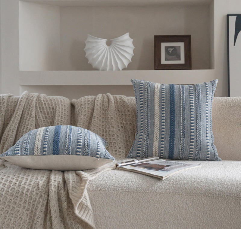 Cethom Boho Throw Pillow Covers 18x18 Inch Set of 2, Farmhouse Decorative Couch Pillow Cases, Blue Accent Pillows of Bed, Sofa Bedroom Living Room Home Decor Cushion Cover - Image 2