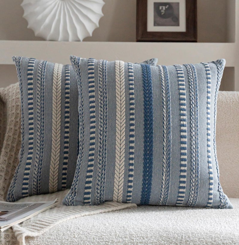 Cethom Boho Throw Pillow Covers 18x18 Inch Set of 2, Farmhouse Decorative Couch Pillow Cases, Blue Accent Pillows of Bed, Sofa Bedroom Living Room Home Decor Cushion Cover - Image 1