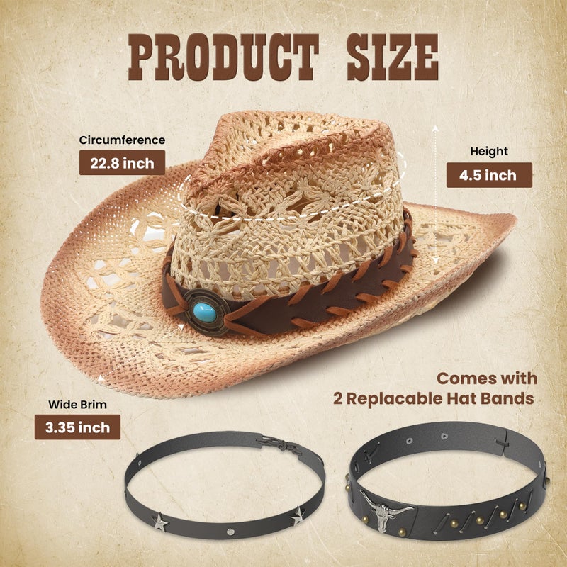 Funcredible Straw Cowboy Hat for Women - Vintage Cowgirl Hat with 3 Replaceable Hat Bands - Western Attire for Men and Women (Style5) - Image 2
