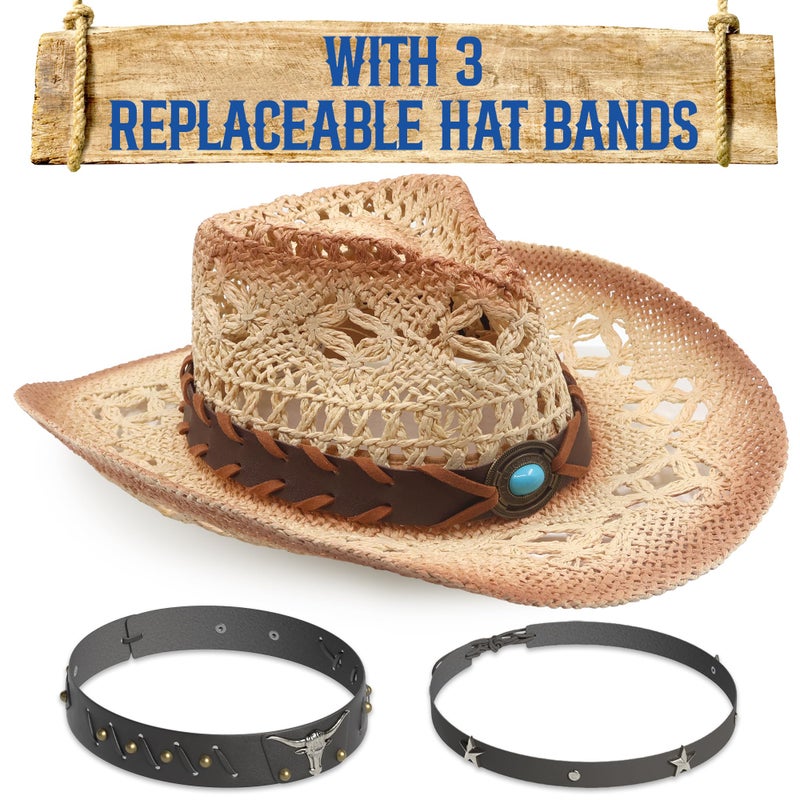 Funcredible Straw Cowboy Hat for Women - Vintage Cowgirl Hat with 3 Replaceable Hat Bands - Western Attire for Men and Women (Style5) - Image 1