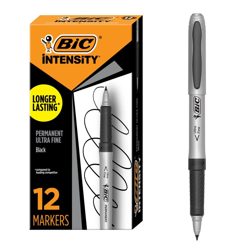 BIC Intensity Black Permanent Markers, Ultra Fine Point, 12-Count Pack of Black Markers With Non-Slip Grip for Comfort and Control - Image 1