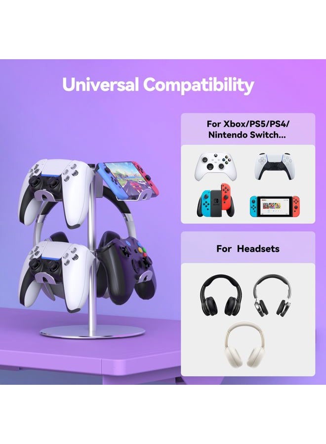 DGPCT Controller Stand Compatible with Xbox PS5 PS4 Nintendo Switch, 2 Tiers Aluminum Headset Holder, Gaming Headphone and Controller Holder Organizer Rack, Universal & Stable (Silver) - Image 2