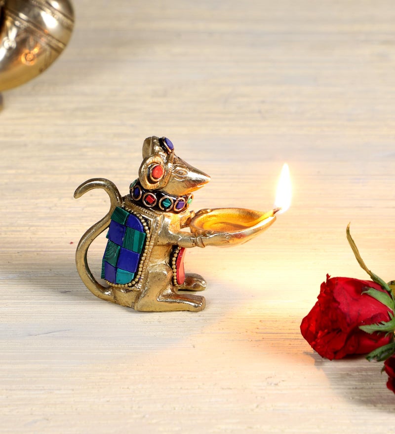 Two Moustaches Gemstone Work Brass Ganesha Mouse Holding Oil Lamp Diya Standard Pack of 1