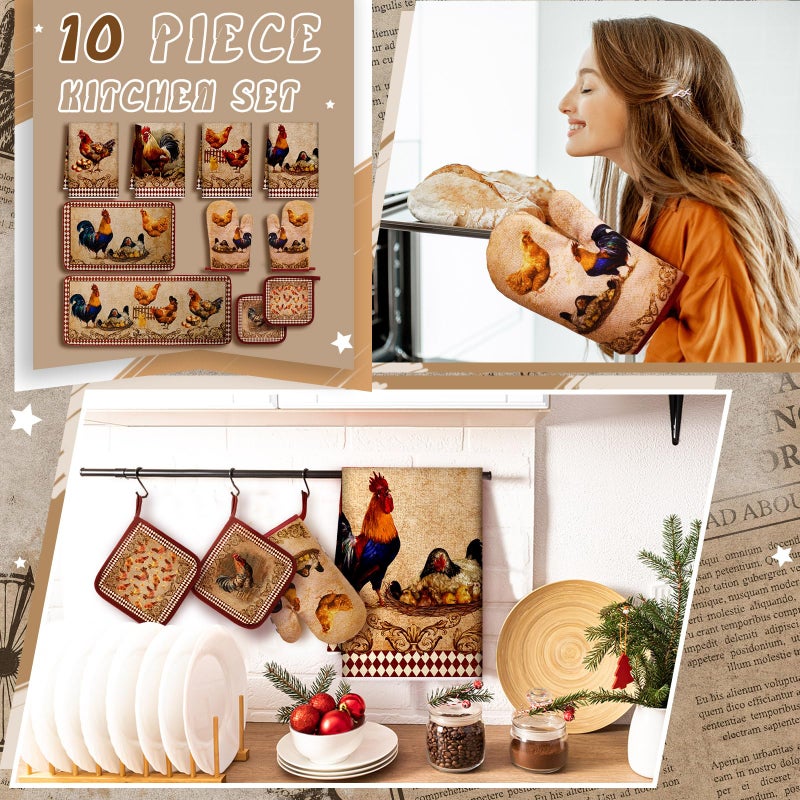 Fourluoo 10 Pcs Rooster Chicken Kitchen Dish Towels Rugs Oven Mitts and Pot Holders Sets Farmhouse Rustic Rooster Kitchen Decor Set for Cooking Baking Grilling Women Mom Gift(Brown) - Image 2