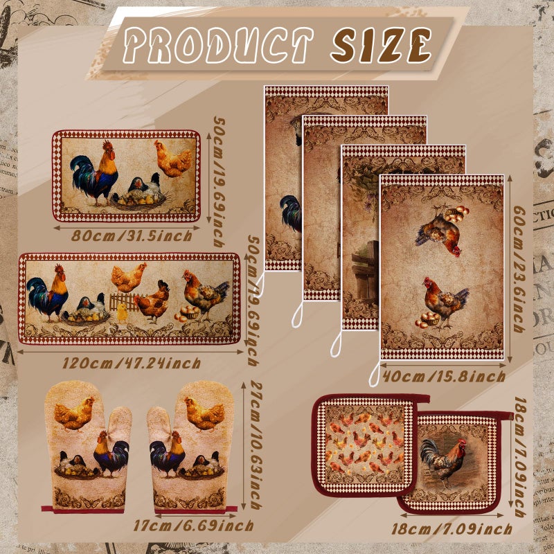 Fourluoo 10 Pcs Rooster Chicken Kitchen Dish Towels Rugs Oven Mitts and Pot Holders Sets Farmhouse Rustic Rooster Kitchen Decor Set for Cooking Baking Grilling Women Mom Gift(Brown) - Image 3