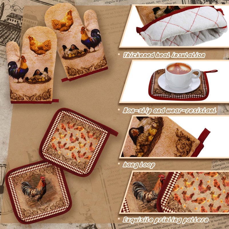 Fourluoo 10 Pcs Rooster Chicken Kitchen Dish Towels Rugs Oven Mitts and Pot Holders Sets Farmhouse Rustic Rooster Kitchen Decor Set for Cooking Baking Grilling Women Mom Gift(Brown) - Image 5