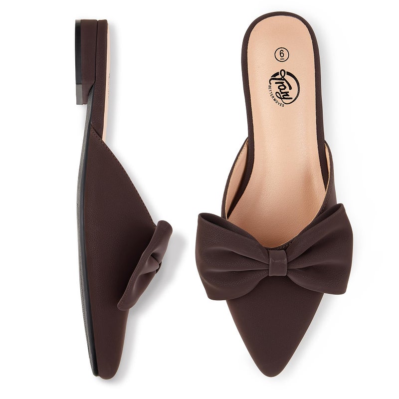 Trary Mules for Women Flats Comfortable Bow Pointed Toe Womens Mules Coffee Size 8 - Image 4