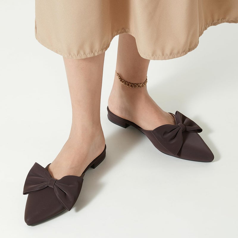 Trary Mules for Women Flats Comfortable Bow Pointed Toe Womens Mules Coffee Size 8 - Image 2