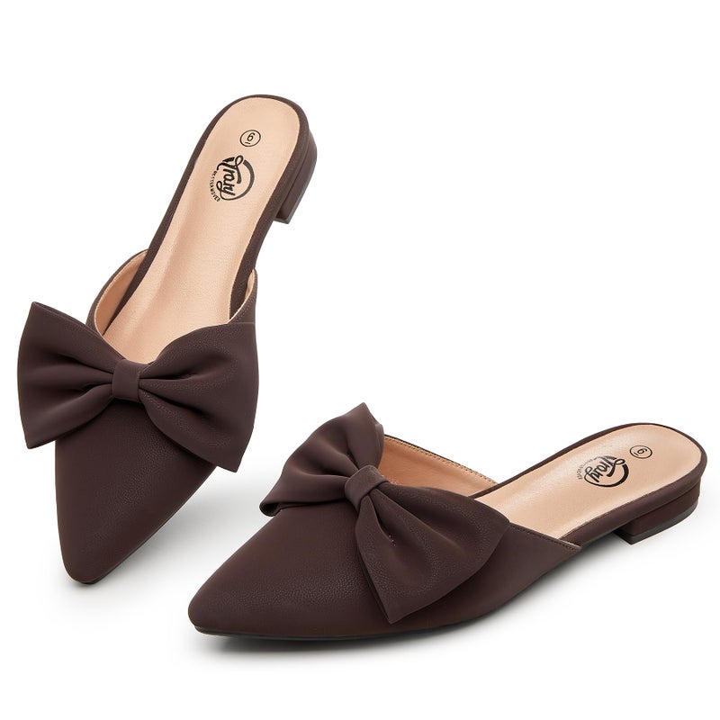 Trary Mules for Women Flats Comfortable Bow Pointed Toe Womens Mules Coffee Size 8 - Image 1