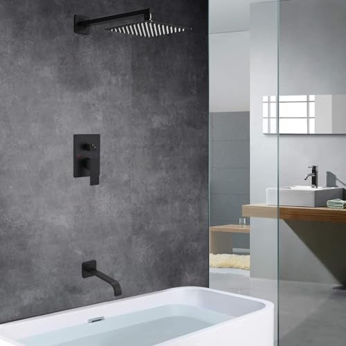 Heable Matte Black Shower Faucet Set with Tub Spout Bathroom Luxury Rain Mixer Shower Head System Wall Mounted Shower Faucet Complete, Single Handle Tub and Shower Trim Kit with Rough-in Valve - Image 3