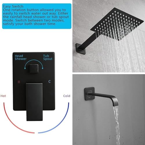 Heable Matte Black Shower Faucet Set with Tub Spout Bathroom Luxury Rain Mixer Shower Head System Wall Mounted Shower Faucet Complete, Single Handle Tub and Shower Trim Kit with Rough-in Valve - Image 2