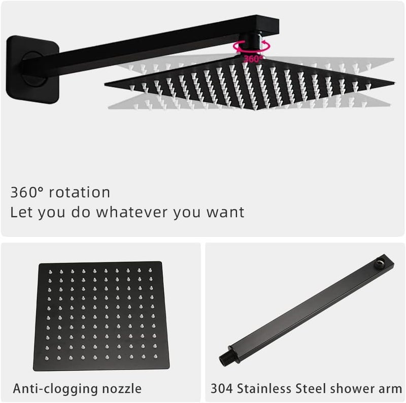 Heable Matte Black Shower Faucet Set with Tub Spout Bathroom Luxury Rain Mixer Shower Head System Wall Mounted Shower Faucet Complete, Single Handle Tub and Shower Trim Kit with Rough-in Valve - Image 4