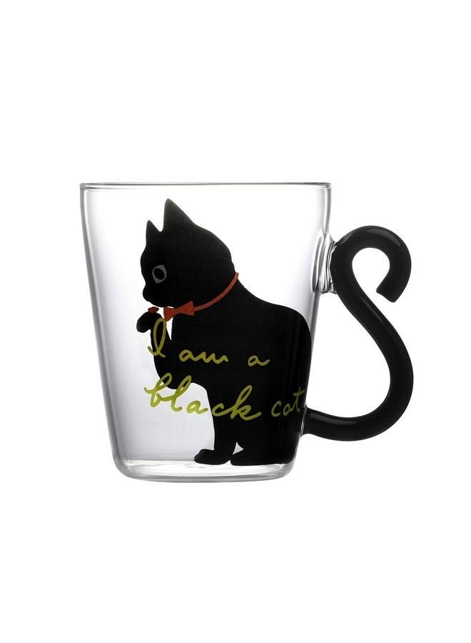 Cat Printed Tea Cup Black/Clear 9x5.3centimeter，with Cat Tail Handle 250ml Cat Tea Cup Lovely Black Cat Glass Milk Cup Creative Black Cat Kitten Glass Water Tumbler Cup Birthday Gift - Image 2