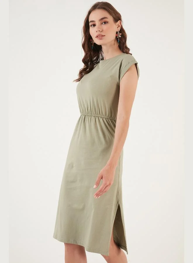 ليلا فستان ميدي بأكمام قصيرة وشقين مزدوجين من قطن ليلا للنساء