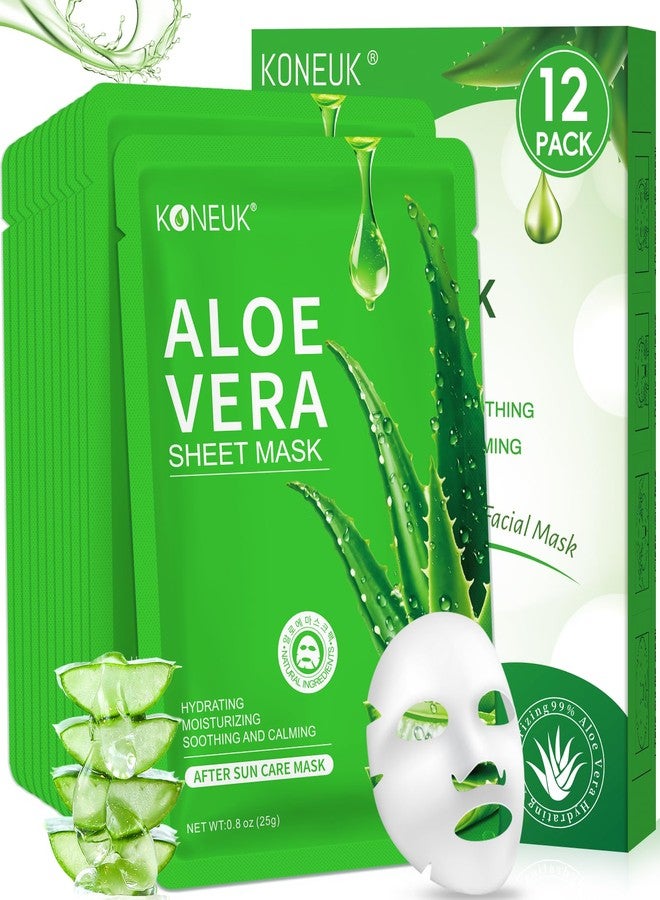 KONEUK 12 Pack Aloe Vera Face Masks Skincare, Sheet Aloe Hydrating Face Mask for After Sun Skin Care, Bulk Aloe Vera Face Mask for Spa Party Gifts - Image 1