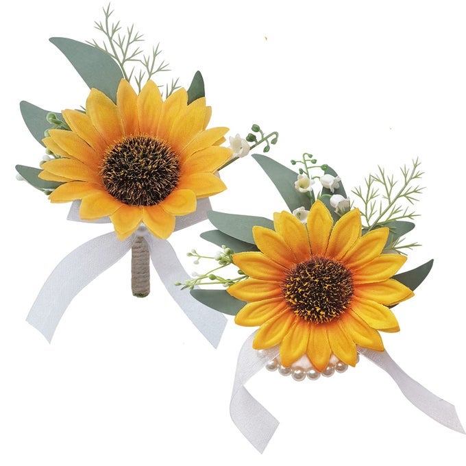 Artificial Sunflower BoutonniereBride Groom Bridesmaid Wedding Flower Corsage SetFormal Party and Vintage Wedding1 Sunflower Boutonniere 1 Sunflower Wrist Corsage