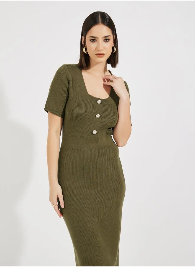 Styli Rib Knit Scoop Neck Sweater Midi Dress