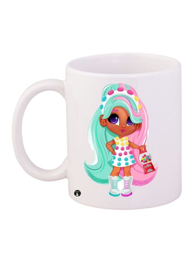 RYN Cartoon Girl Printed Coffee Mug White/Pink/Green 11ounce