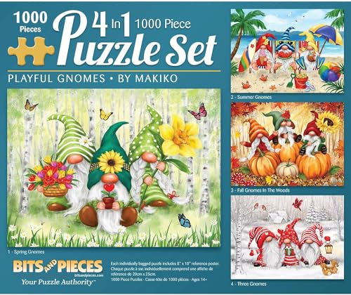 Bits and Pieces 4in1 MultiPack 1000 Piece Jigsaw Puzzles for Adults Playful GnomesJigsaw Puzzle Set Bundle by Makiko Completed Puzzle Size 20 x 27 - Image 1