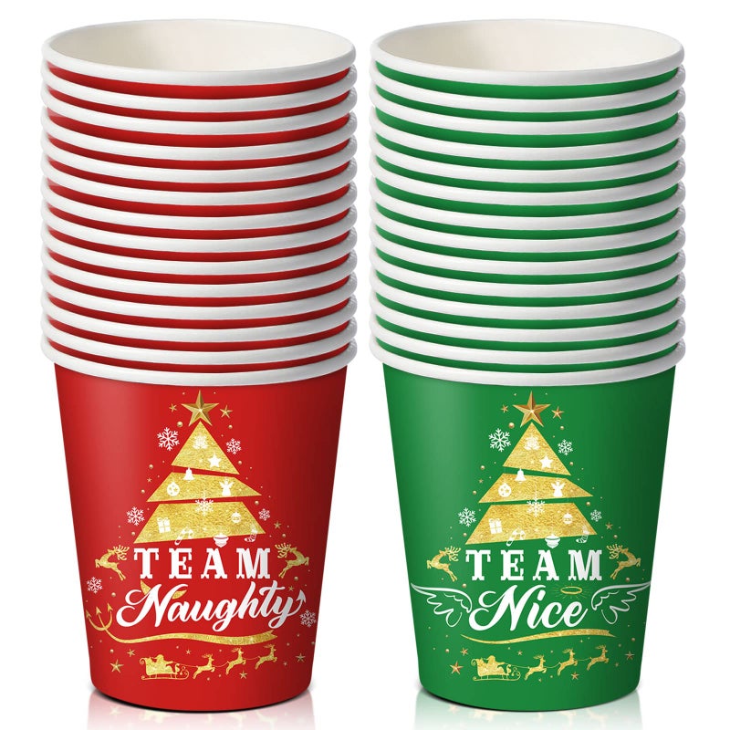 Tiamon 50 Pieces Christmas Party Cups 9 OZ Team Naughty or Nice Disposable Paper Naughty Nice Christmas Cups Red and Green Xmas Party Holiday Supplies for Coffee Hot and Cold Beverages