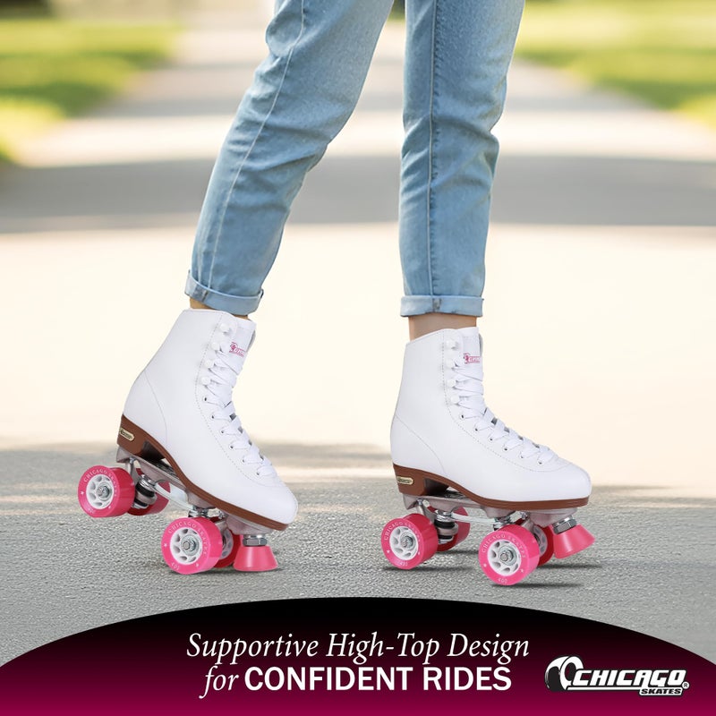 Chicago Skates زلاجات شيكاغو البيضاء الرباعية الفاخرة للفتيات والنساء المبتدئات بتصميم كلاسيكي قابل للتعديل عالي القمة للاستخدام الداخلي أو الخارجي وزلاجات الديربي - Image 5