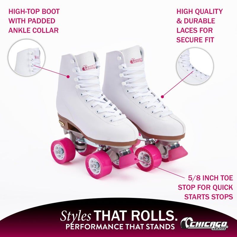 Chicago Skates زلاجات شيكاغو البيضاء الرباعية الفاخرة للفتيات والنساء المبتدئات بتصميم كلاسيكي قابل للتعديل عالي القمة للاستخدام الداخلي أو الخارجي وزلاجات الديربي - Image 3