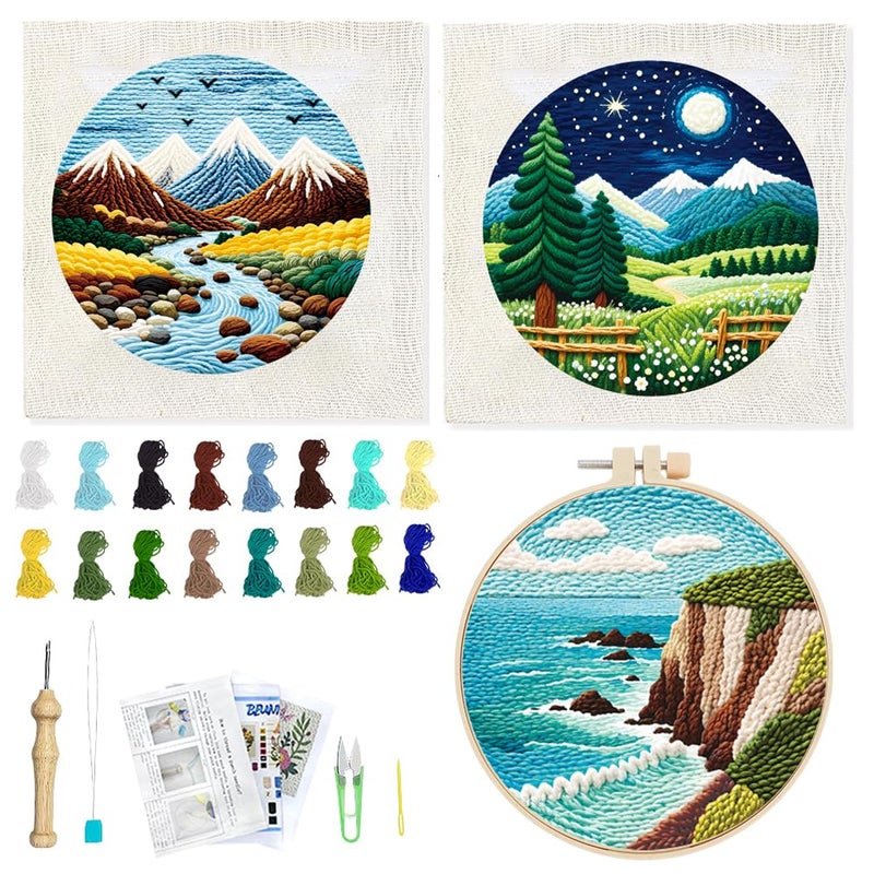 BEUNITONE 3PCS Mountain and River Scenery Punch Needle Kit for Adults Beginners, Complete Craft Kit with Needle, Frame, Yarn & Pattern, Create Wall Hanging, Wall Art Making - Image 1