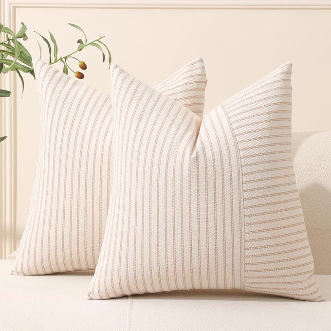KHAKI AND BEIGE PATCHWORK FARMHOUSE THROW PILLOW COVERS 22 X 22 INCH PACK OF 2 STRIPED LINEN DECORATIVE PILLOW CASE FOR SOFA COUCH CHAIR BEDROOM MODERN DECOR 22 X 22 KHAKI