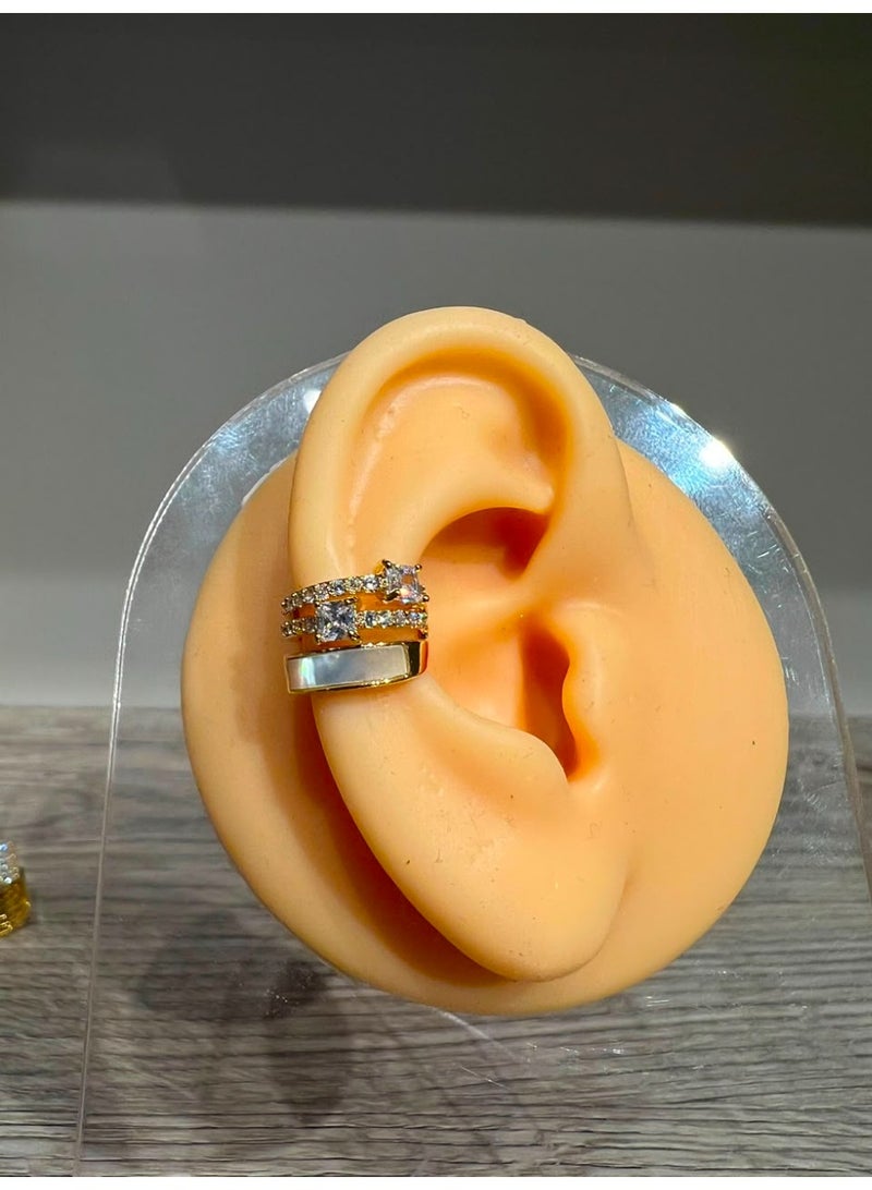 Gold-Plated Multi-Layer Ear Cuff Set with Emerald-Cut Stone and Geometric Band