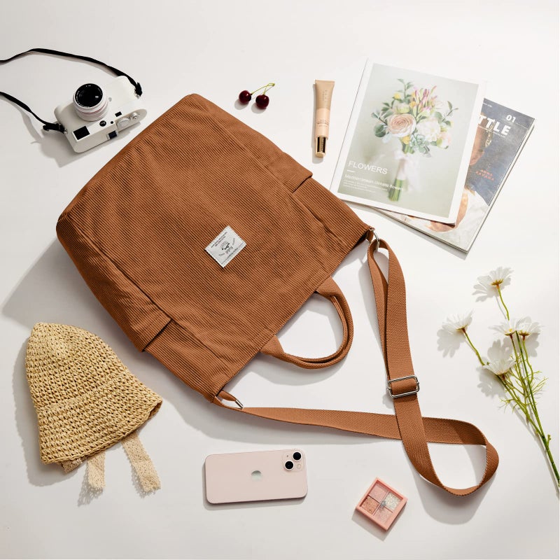 KALIDI Corduroy Tote Bag, Large Messenger Bag Shoulder Hobo Anti Splash Crossbody Zipper Bag Casual Work Shopping Women (Kakhi) - Image 3