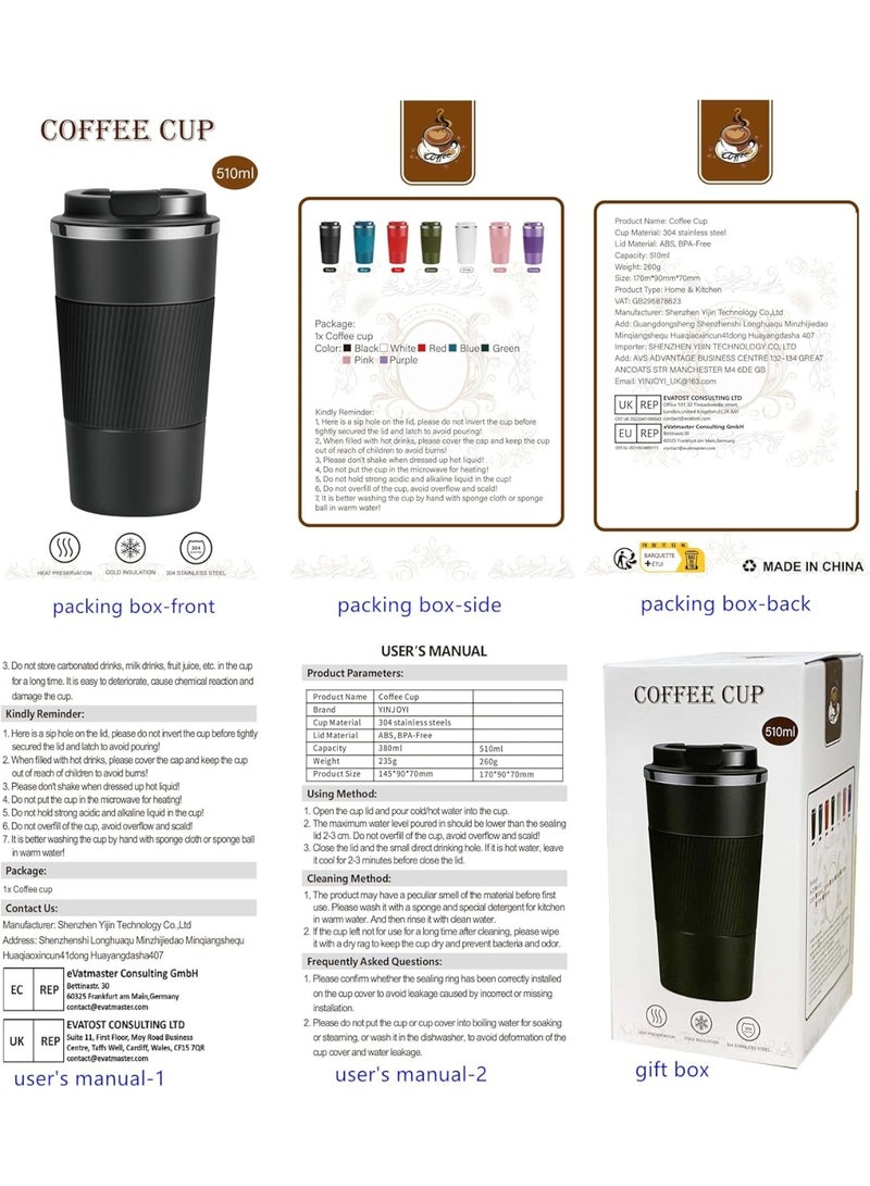 YINJOYI Travel Mug Reusable Coffee Cups Thermal Insulated Vacuum Insulation Stainless Steel Bottle for Hot Cold Drinks (Green, 510ml) - Image 2
