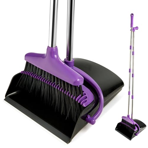 XXFLOWER Broom and Dustpan Set with Long Handle, Light Weight Stainless Steel Poles Stand Upright Dustpans with Broom Combo for Home Kitchen Office Pet Dog Hair, 1-Pack (Purple) - Image 1