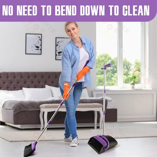 XXFLOWER Broom and Dustpan Set with Long Handle, Light Weight Stainless Steel Poles Stand Upright Dustpans with Broom Combo for Home Kitchen Office Pet Dog Hair, 1-Pack (Purple) - Image 4