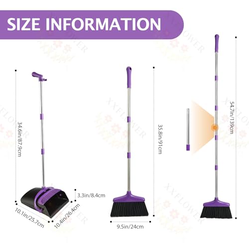 XXFLOWER Broom and Dustpan Set with Long Handle, Light Weight Stainless Steel Poles Stand Upright Dustpans with Broom Combo for Home Kitchen Office Pet Dog Hair, 1-Pack (Purple) - Image 2