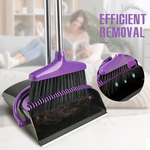 XXFLOWER Broom and Dustpan Set with Long Handle, Light Weight Stainless Steel Poles Stand Upright Dustpans with Broom Combo for Home Kitchen Office Pet Dog Hair, 1-Pack (Purple) - Image 3