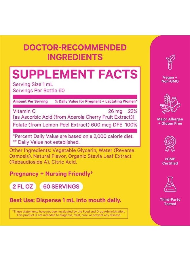 Pink Stork - Liquid Folate: Whole-Food Vitamin B9 from Lemon Peels, Natural Folic Acid with Vitamin C, Liquid Prenatal Vitamins for Women, Pregnancy Must Haves, Women-Owned, 2 oz - Image 1