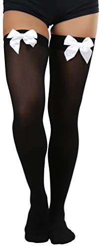 ToBeInStyle Women’s Beautiful Satin Bow Opaque Thigh High Stockings - Black With White Bow - Image 1