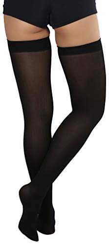 ToBeInStyle Women’s Beautiful Satin Bow Opaque Thigh High Stockings - Black With White Bow - Image 2
