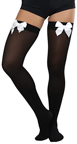 ToBeInStyle Women’s Beautiful Satin Bow Opaque Thigh High Stockings - Black With White Bow - Image 4