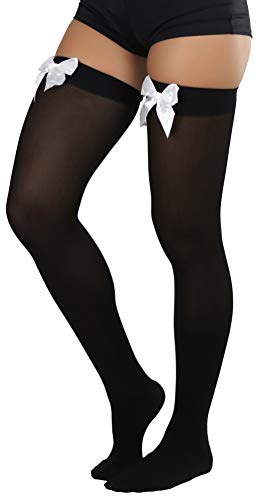 ToBeInStyle Women’s Beautiful Satin Bow Opaque Thigh High Stockings - Black With White Bow - Image 3