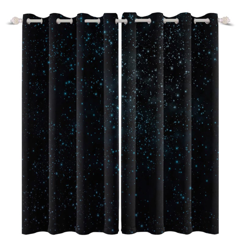 Renaiss Starry Starry Sky Window Curtains Blue Brilliant Stars Window Treatments Black Clear Night Sky Blackout Drapes for Man Woman Bedroom Living Room Decoration Home Decor 26x63 Inches x 2 Panels - Image 1